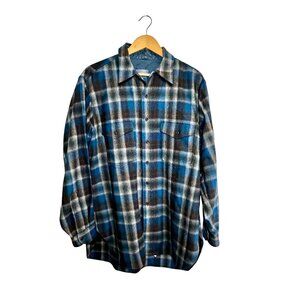 Vintage Pendleton Blue Plaid Wool Shirt XL USA Flannel 70s 80s Outdoorsman